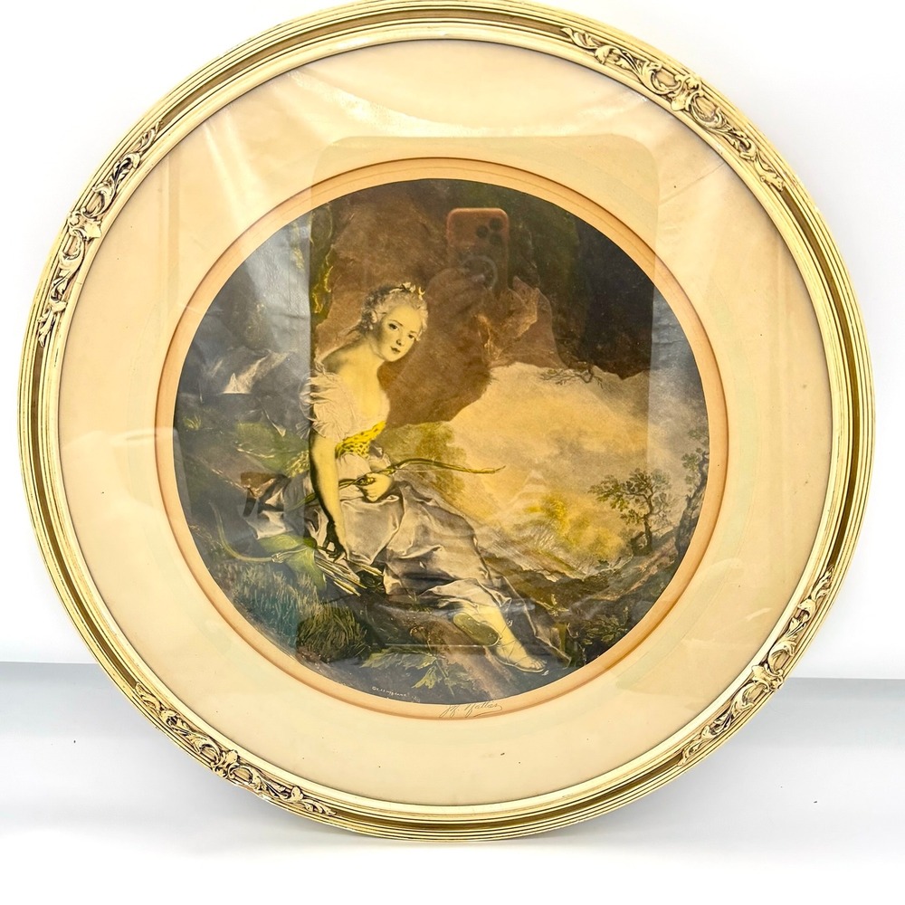Antique‎ Print Round Ornate Frame Victorian Lady  Signed 23in